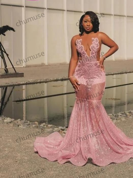 Blush Pink Sparkly Mermaid Evening Formal Dresses for Black Girl Luxury Diamond Gillter Birthday Gala Evening Gown Sheer