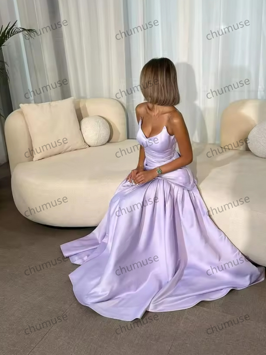 Lilac Prom Dresses Sleeveless Satin Evening Formal Dresses Ball Gowns