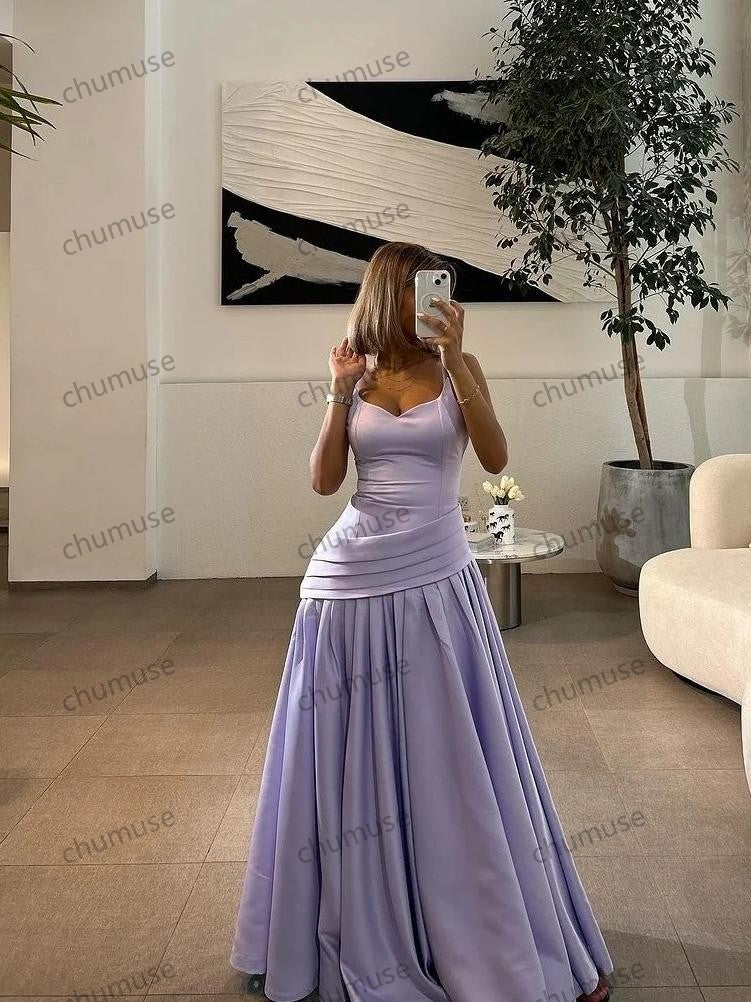 Lilac Prom Dresses Sleeveless Satin Evening Formal Dresses Ball Gowns