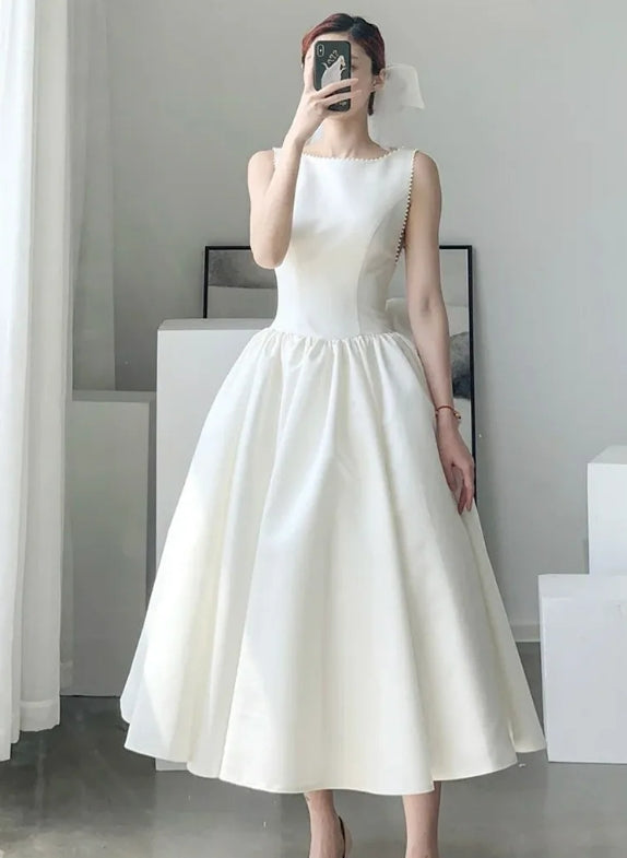 White Satin Wedding Dress Elegant Prom Evening Midi Dresses For Women Summer Sexy Long Birthday Graduation Party Vestido