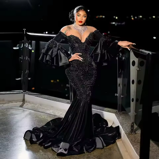 Elegant Plus Size African Black Mermaid Prom Dresses with Flare Sleeves Luxury Beaded Sheer Neck Birthday Dress Aso Ebi Custom