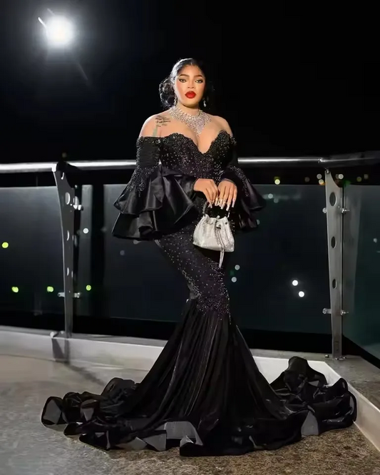 Elegant Plus Size African Black Mermaid Prom Dresses with Flare Sleeves Luxury Beaded Sheer Neck Birthday Dress Aso Ebi Custom