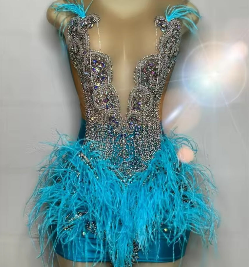 Shinny Blue Feathers Prom Dresses Black Girl Tassel Birthday Gowns Crystal Beaded Formal Party Dress Movie Outfit Customized