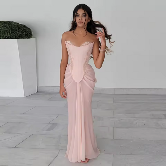 Blush Pink Handmade Draped Chiffon Mermaid Evening Dresses Corset Beaded Wedding Formal Party Dress