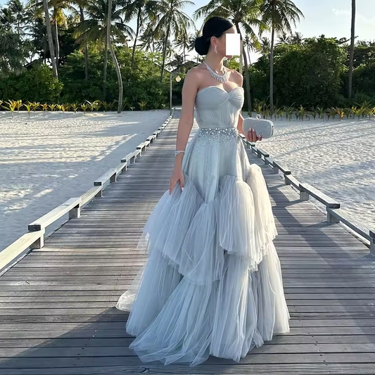 Customized Exquisite Sequined Tulle Evening Dress Fashion Sweetheart A-Line Sleeveless Floor Length Bespoke Occasion Gowns