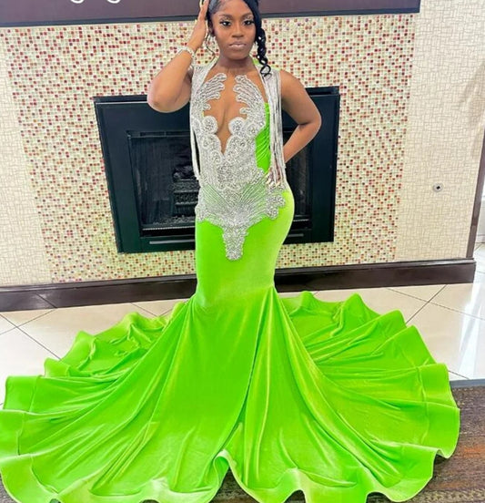 Green Rhinestone Prom Dress For Black Girls Velvet Mermaid South African Evening Gowns Tassel Formal Birthday Party Customized