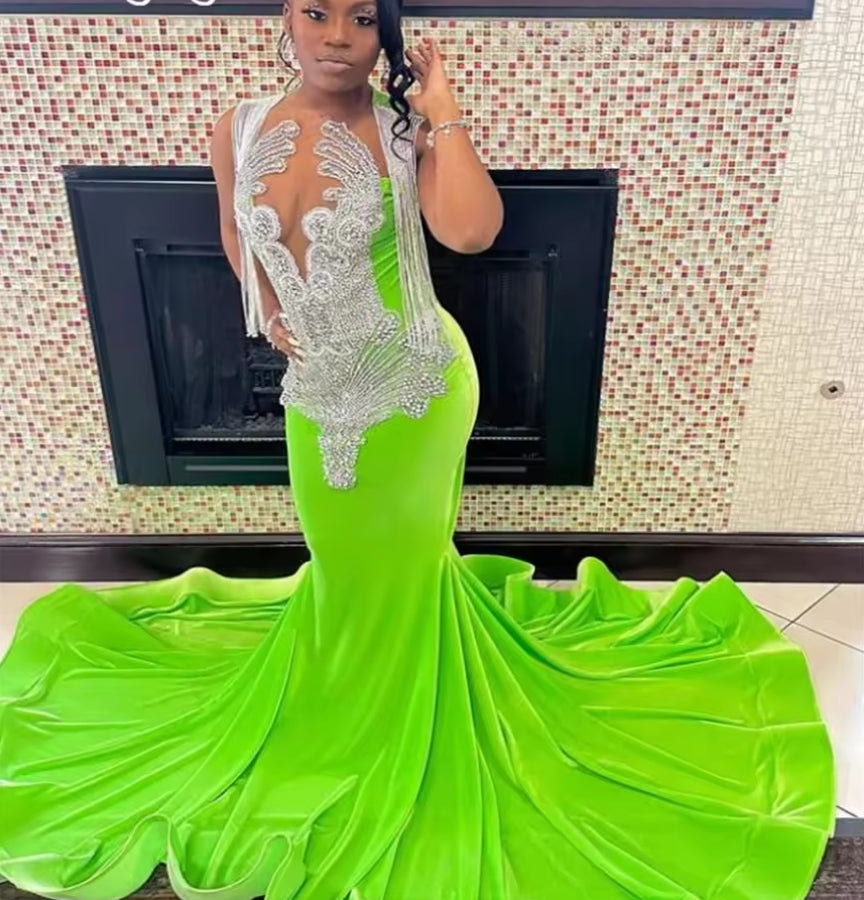 Green Rhinestone Prom Dress For Black Girls Velvet Mermaid South African Evening Gowns Tassel Formal Birthday Party Customized