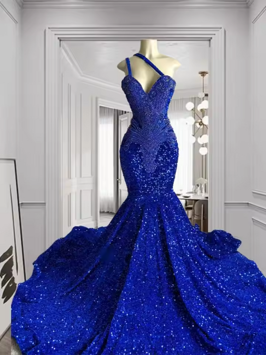 Elegant Royal Blue Long Prom Dress Beading Crystal Birthday Dress Sequins Evening Robe 2025 Customized