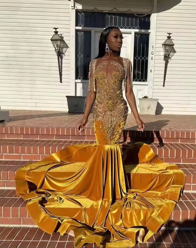 Gold Sparkly Long Evening Birthday Party Dresses for Black Girl Diamond Tassel Mermaid Prom Ceremony Formal Dress customsized