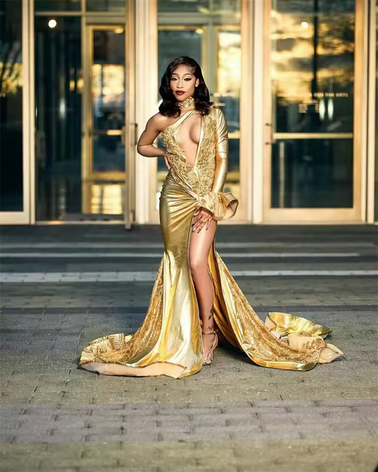 Sparkly Golden Mermaid Prom Dresses For Black Girls One Shoulder Crystal Beading Sequins Tassels Birthday Dress Customized