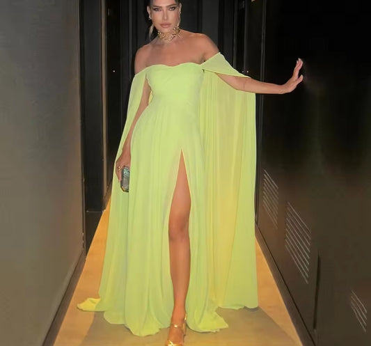 A Line Chiffon Saudi Arabia Women Prom Dresses Customized Long Cap Sleeves Slit Pleats Evening Party Dress Formal Gowns