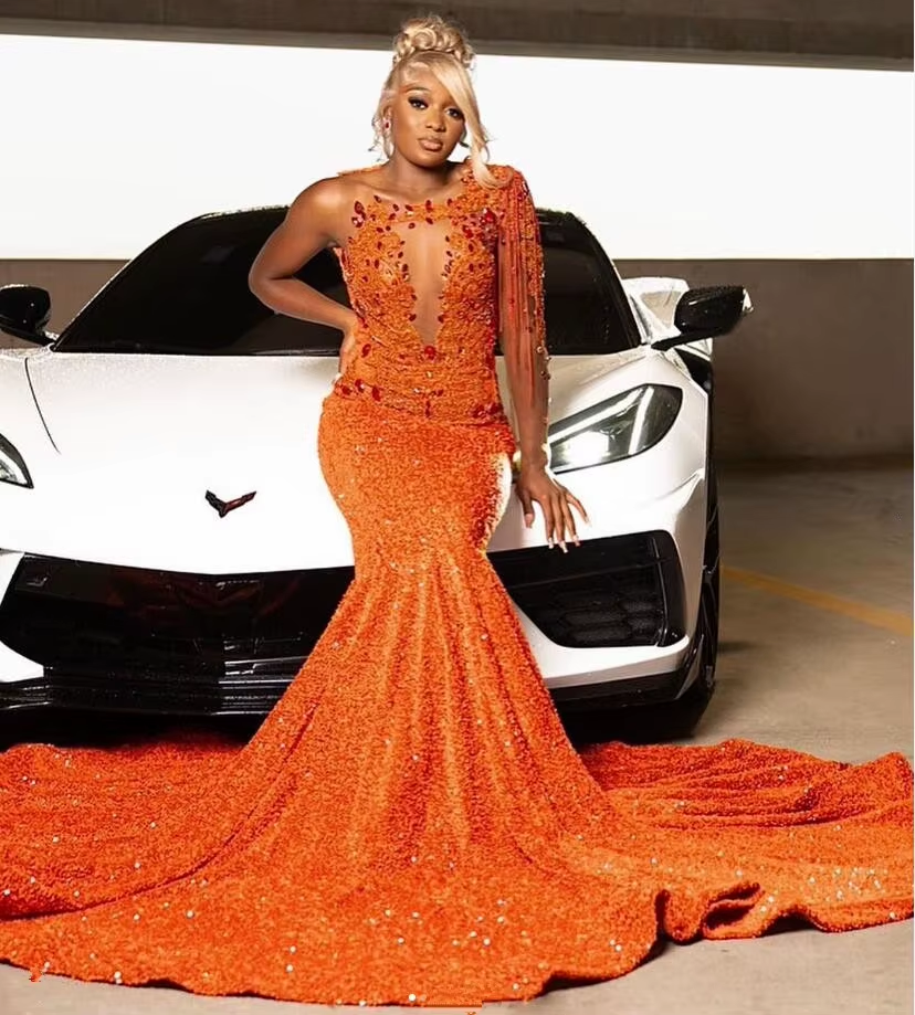 Orange Gillter Mermaid Long Evening Formal Dress for Women Sparkly Crystal Beaded Velvet Black Girl Birthday Reception Gown