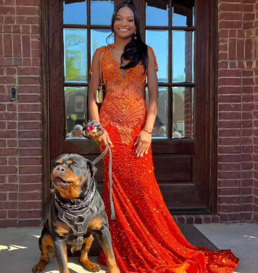 Customized Sparkling Orange Luxury Prom Dresses Black Girls Rhinestone Beaded Formal Gowns Pearls Sequins Fishtail Long Dresses