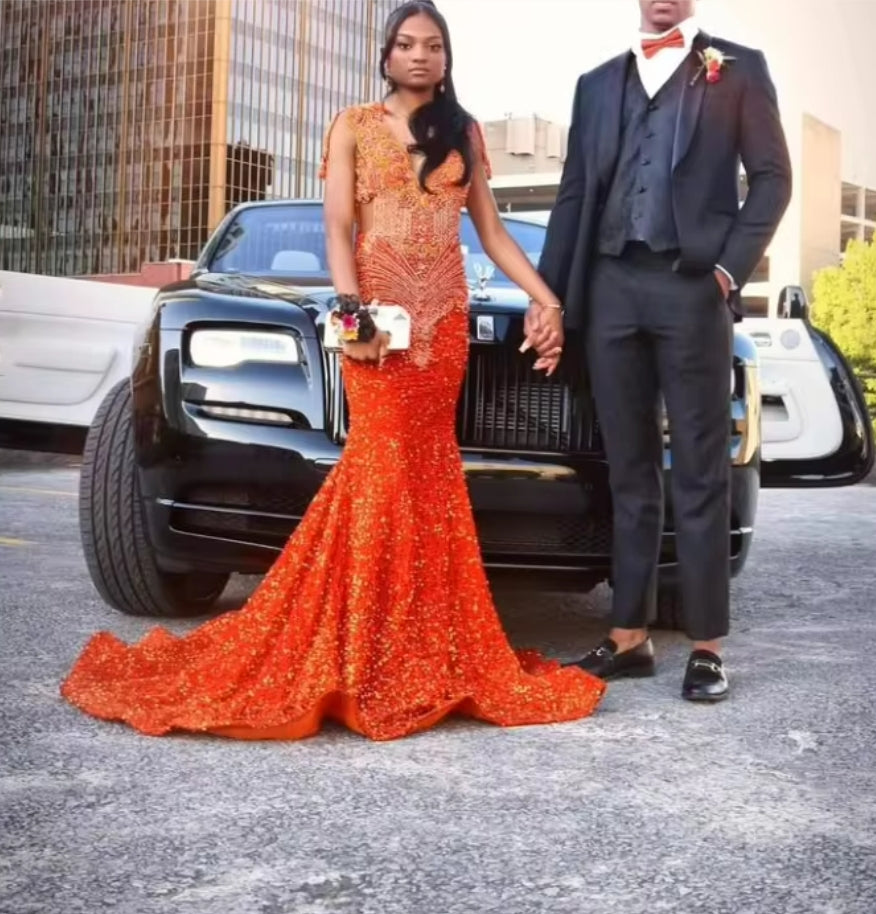 Customized Sparkling Orange Luxury Prom Dresses Black Girls Rhinestone Beaded Formal Gowns Pearls Sequins Fishtail Long Dresses