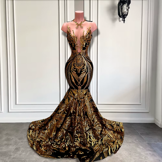 Black and Gold Sequin Black Girl Long Prom Dresses Sexy Sheer Mermaid Style Women Prom Formal Gala Party Gowns