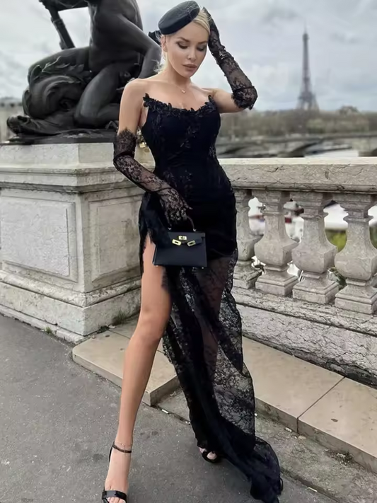 New Women Summer Dresses Sexy Strapless Lace Black Elegant Dress With Gloves Sleeve Prom Evening Party Wedding Celebrity Gowns