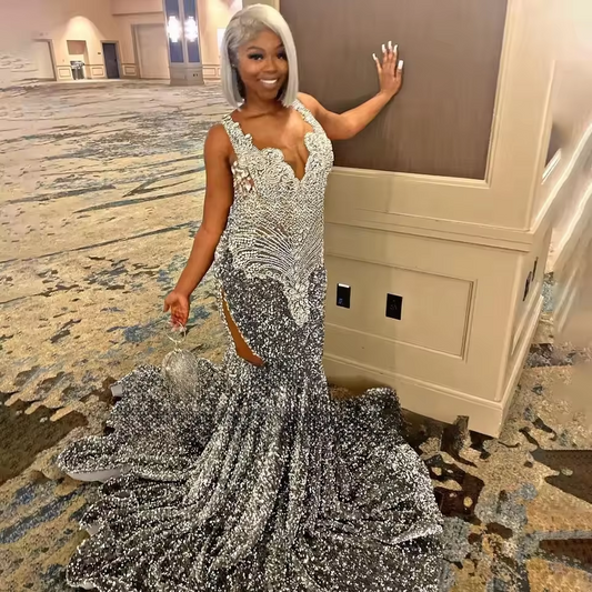 Sparkly Silver Prom Dresses 2025 Luxury Crystal Diamond Sequin Mermaid Party Gowns For Black Girl Evening Dress Customized