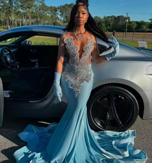 Baby Blue Prom Dresses 2025 Crystal Rhinestone Mermaid Party Dress Long Women Velvet Evening Gowns With Gloves Customized