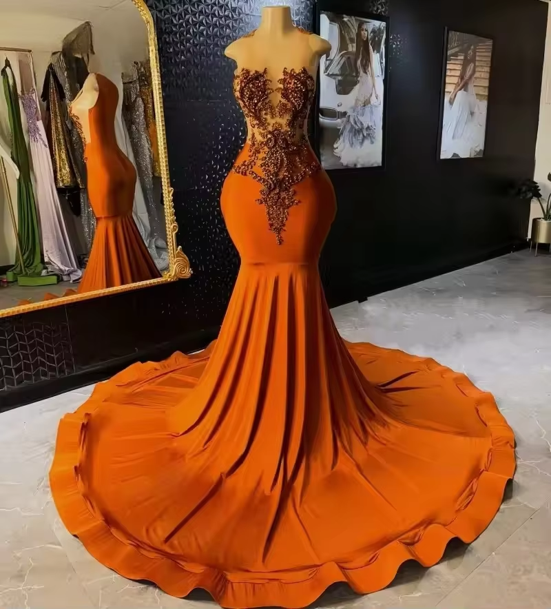 Sexy See Through Orange Prom Dresses Black Girls 2025 Luxury Diamond Party Gowns Satin Mermaid Evening Dress Customized