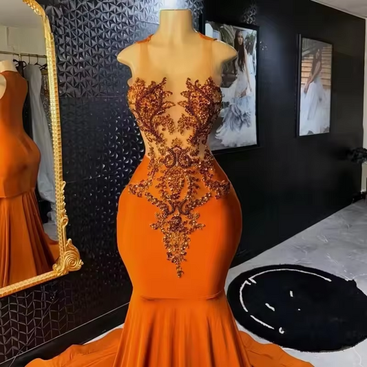 Sexy See Through Orange Prom Dresses Black Girls 2025 Luxury Diamond Party Gowns Satin Mermaid Evening Dress Customized