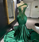 Elegant Dark Green Satin Mermaid Prom Dresses 2025 Black Girl Sheer Neck Beaded Birthday Evening Party Gowns Customized