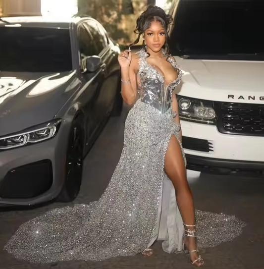 Sexy V Neck Silver Prom Dresses Black Girls 2025 Luxury Halter Sequin High Split Party Gowns Crystal Evening Dress Customized