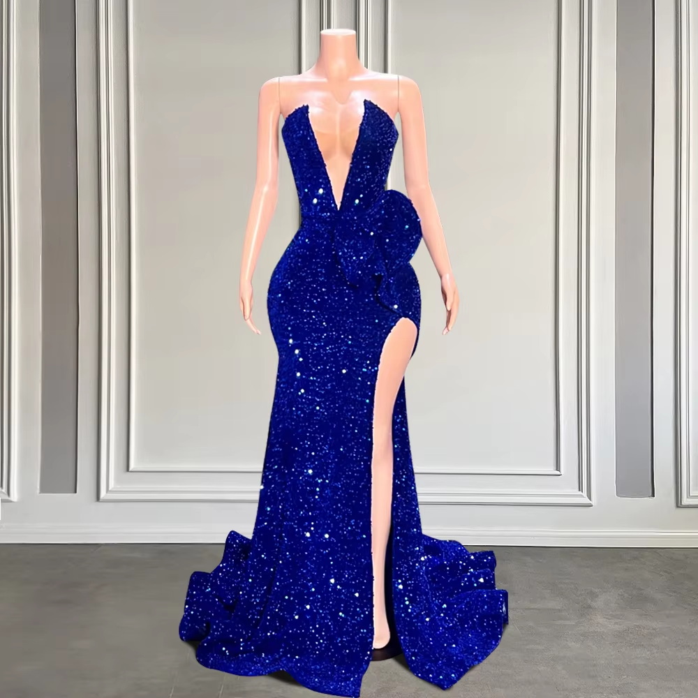 Elegant Long Mermaid Blue Prom Dresses 2025 Strapless High Slit Black Girls Sequins Sparkly Gala Prom Gowns Customized