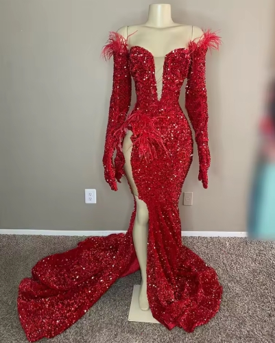 Glitter Red Prom Dresses For Special Occasions Birthday Dress Sequins GownBead Crystals Evening Gown Customized