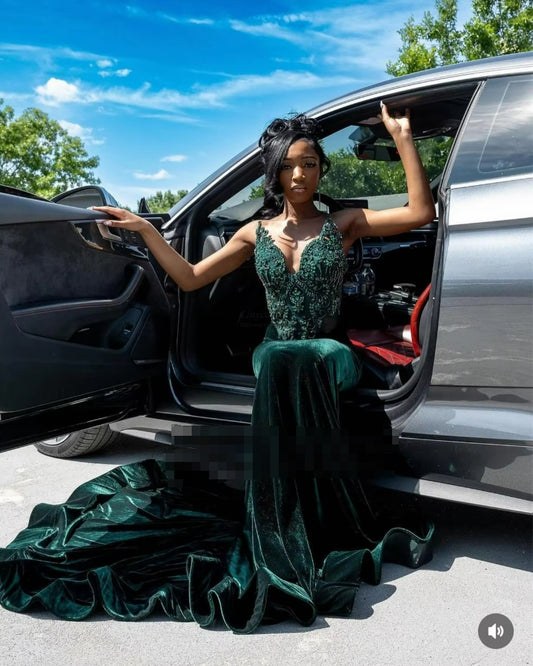 Customized Velvet Mermaid Prom Dresses For Black Girl Luxury Beaded Crystal Evening Party Gala Gowns Appliques vestidos de festa