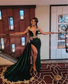 Hunter Green Velvet Evening Formal Dress for Women Gold Applique Beaded Slit Black Girl Birthday Gown vestidos de gala mujer