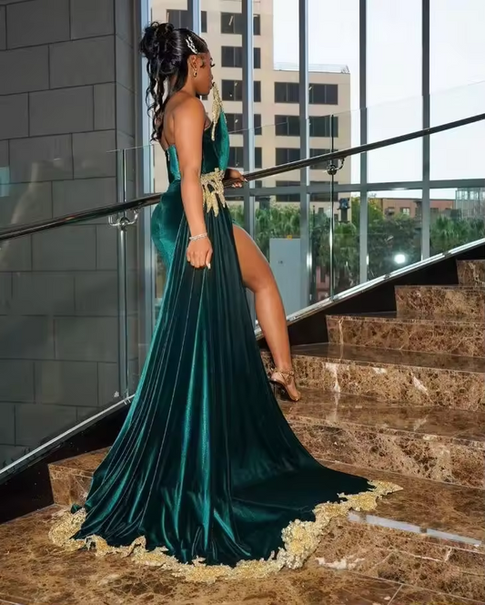 Hunter Green Velvet Evening Formal Dress for Women Gold Applique Beaded Slit Black Girl Birthday Gown vestidos de gala mujer