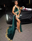 Hunter Green Velvet Evening Formal Dress for Women Gold Applique Beaded Slit Black Girl Birthday Gown vestidos de gala mujer