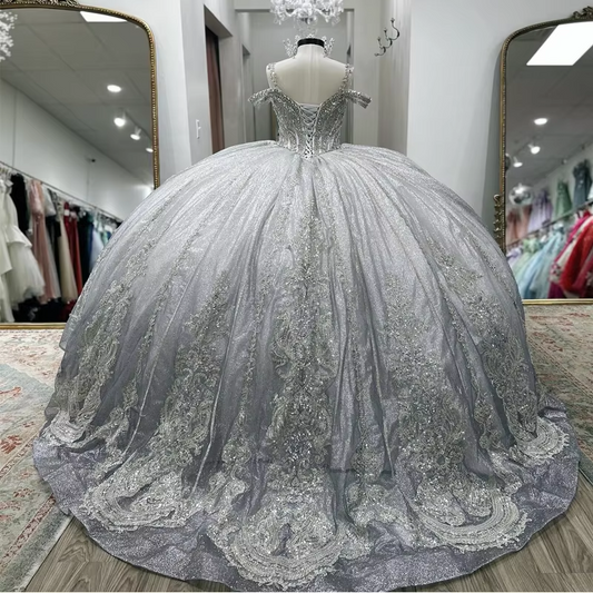 Silvery Shiny Off-Shoulder Quinceanera Dresses Ball Gown Classic Applique Lace Beads Crystal Tull Sweet 16 Dress Vestidos De 15