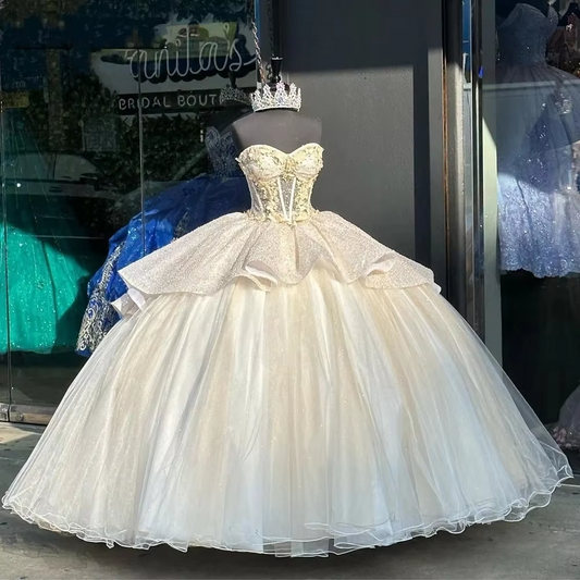 Sparkly Illusion Ivory Gloden vestido de princesas Sweetheart Ruched Popular Tulle Quinceanera Dresses Customized