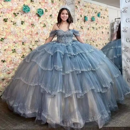 Customized Luxury Quinceanera Dresses Formal Beading Crystal Lace Tiered Ruffles Sweet 16 Birthday Princess Vestidos De 15 Anos