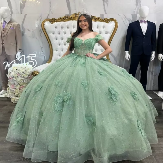 Gliitering Sage Green Quinceanera Dresses With Bow Flower Beading Crystals Birthday Party Vestidos De 15 Anos