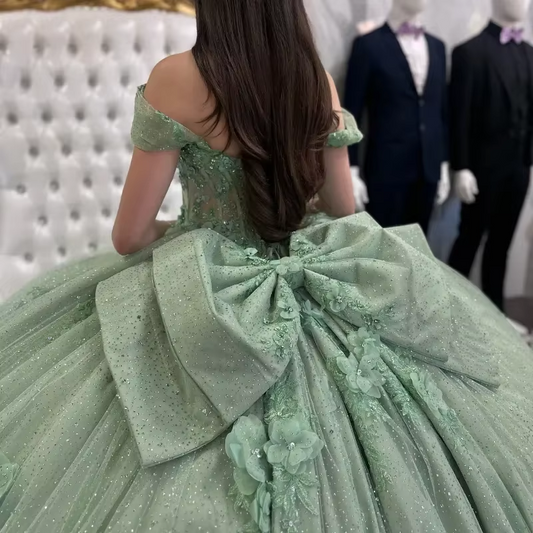 Gliitering Sage Green Quinceanera Dresses With Bow Flower Beading Crystals Birthday Party Vestidos De 15 Anos