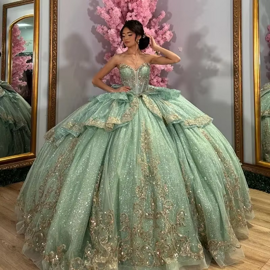 Green Quinceanera Dresses Crystals Beading Gold Applique Lace Bow Vestidos De 15 Anos Birthday Party Sweet 16 Dress Customized