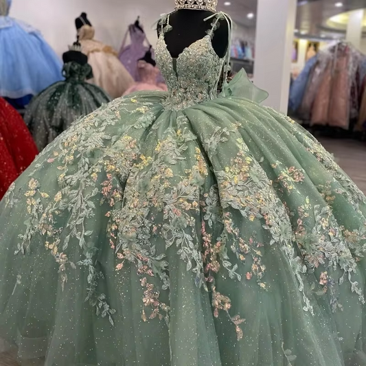 Customized Mexican Vestido De 15 Anos Sage Green Shiny Charro Quinceanera Dresses Lace Appliques Corset Sweet 16 Dress