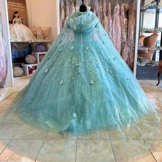 Mint Green Quinceanera Sweet 16 Dresses Lace Appliqued Off Shoulder With Cape Wraps Graduation Gowns Custom Made