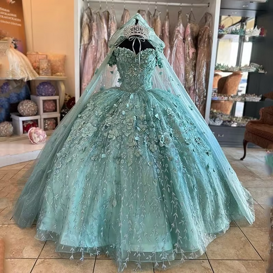 Mint Green Quinceanera Sweet 16 Dresses Lace Appliqued Off Shoulder With Cape Wraps Graduation Gowns Custom Made