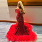 Stunning Red Mermaid Evening Gowns With Illusion Neck Crystals Sequined Prom Dresses Aso Ebi Black Girls Wedding Party Dress