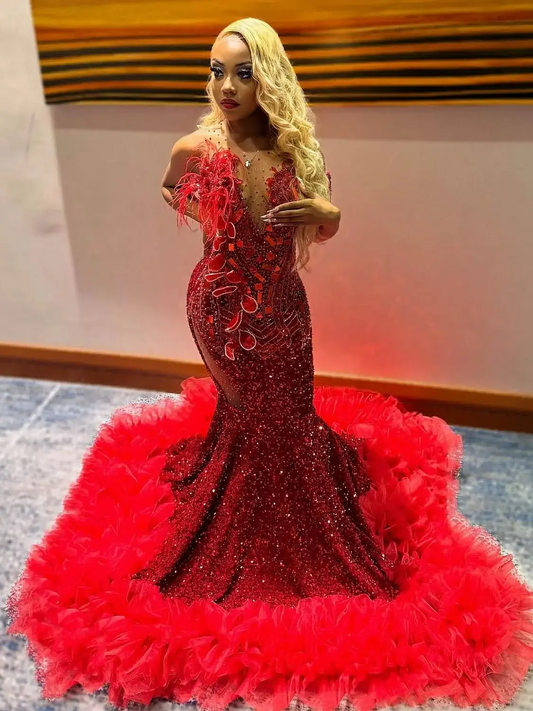 Stunning Red Mermaid Evening Gowns With Illusion Neck Crystals Sequined Prom Dresses Aso Ebi Black Girls Wedding Party Dress