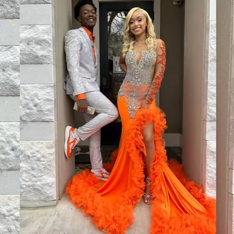 Luxury Split Orange Prom Dresses 2025 BlackGirl Beading African Women Pageant Party Gowns Customized Vestido De Graduación