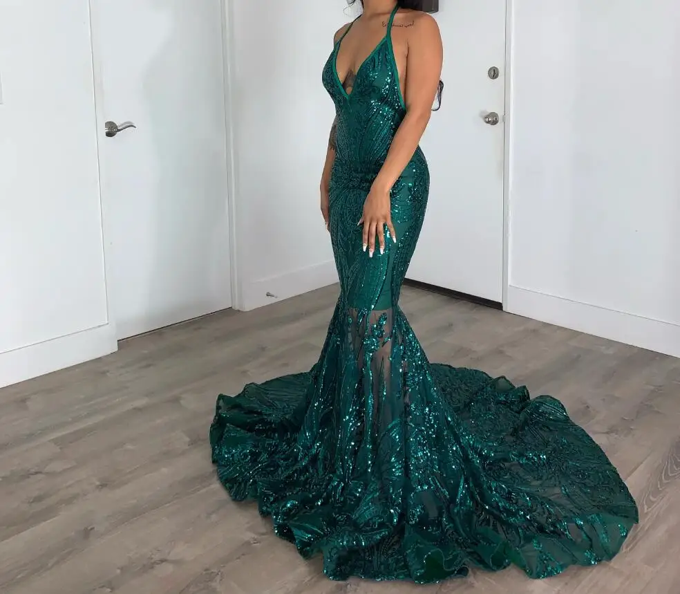 Deep V Neck Backless Mermaid Illusion Poison Ivy Sexy Prom Gowns With Train Royal Blue Sequin Lace Evening Dresses