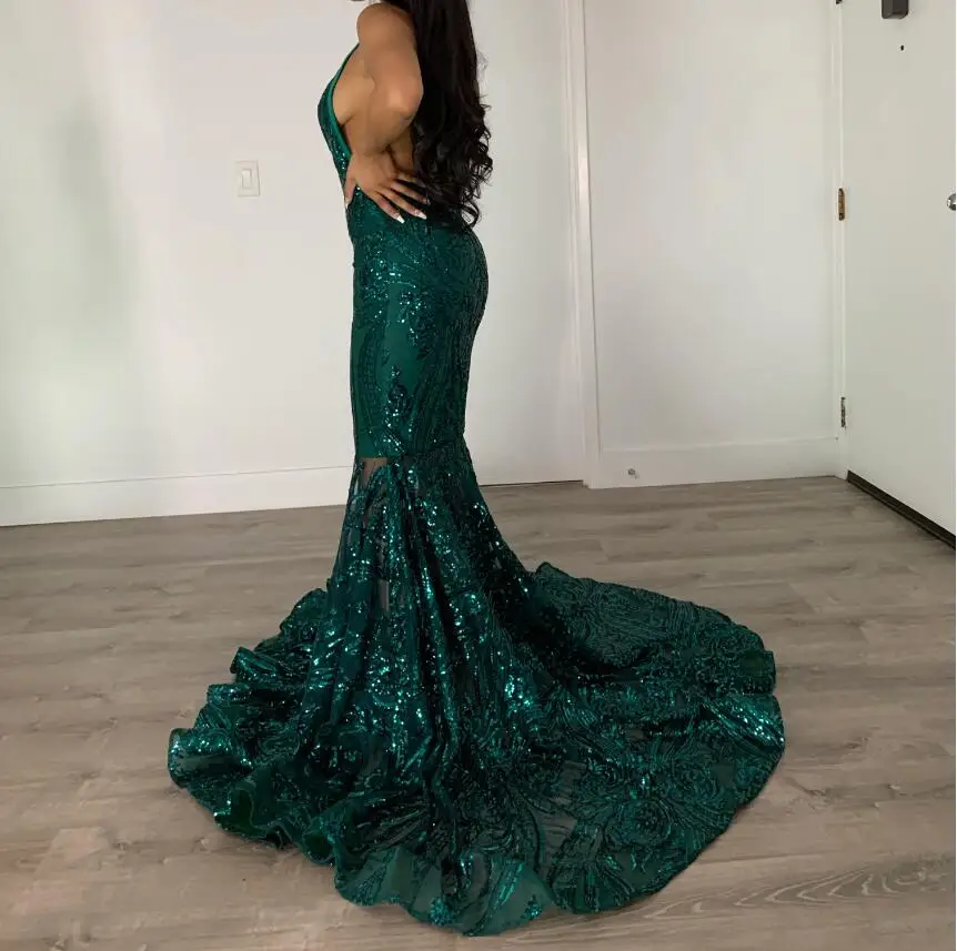 Deep V Neck Backless Mermaid Illusion Poison Ivy Sexy Prom Gowns With Train Royal Blue Sequin Lace Evening Dresses