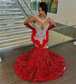 Red Long Prom Dress For Black Girls Mermaid Sheer Sequins Feather Crystals Birthday Party Dresses Women Evening Gown Customized