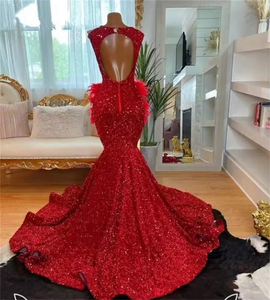 Red Long Prom Dress For Black Girls Mermaid Sheer Sequins Feather Crystals Birthday Party Dresses Women Evening Gown Customized