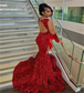 Red Long Prom Dress For Black Girls Mermaid Sheer Sequins Feather Crystals Birthday Party Dresses Women Evening Gown Customized