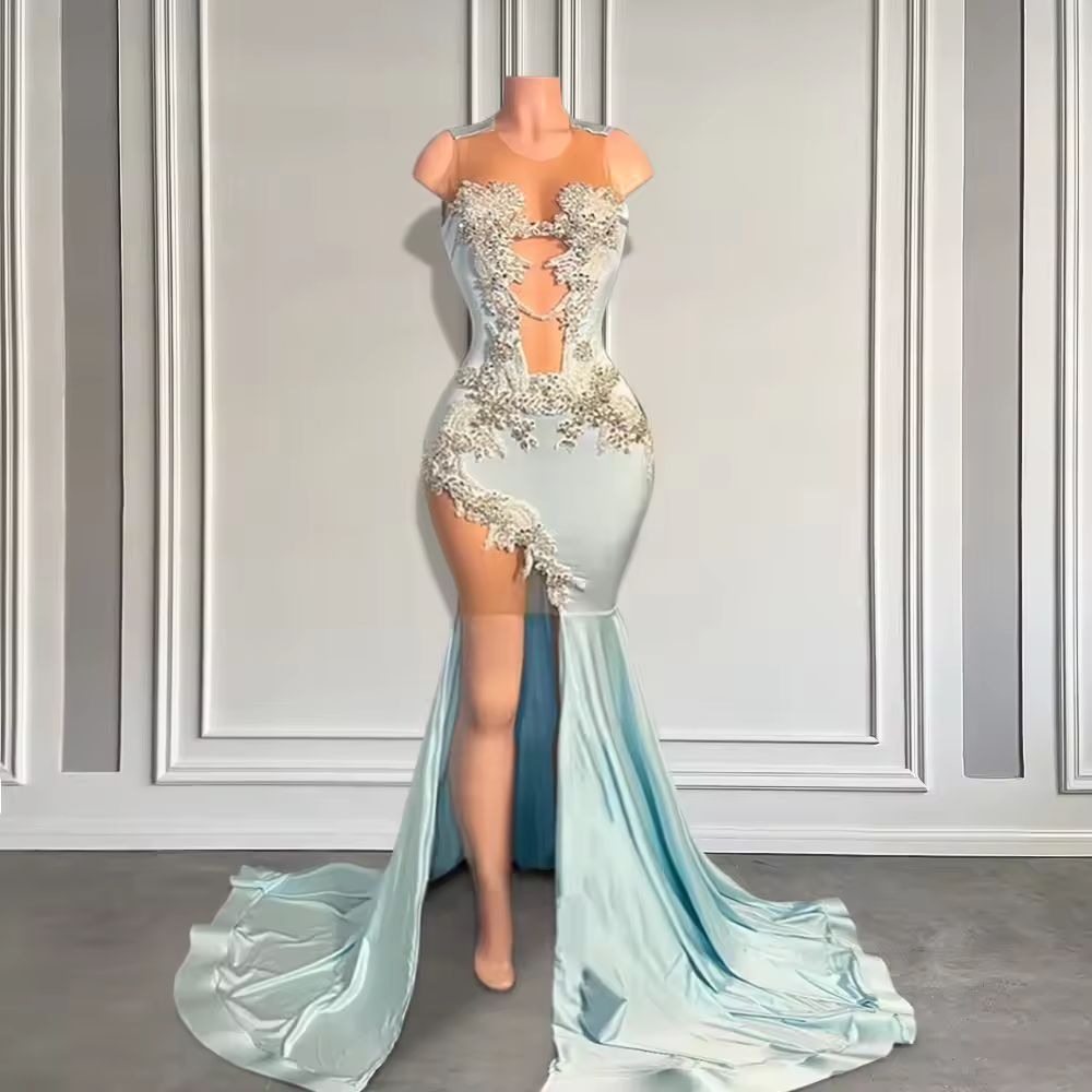 Light Blue Long Prom Dresses 2025 for Black Girls Sparkly Diamond Crystal Mermaid Birthday Formal Dresses with Slit Customized